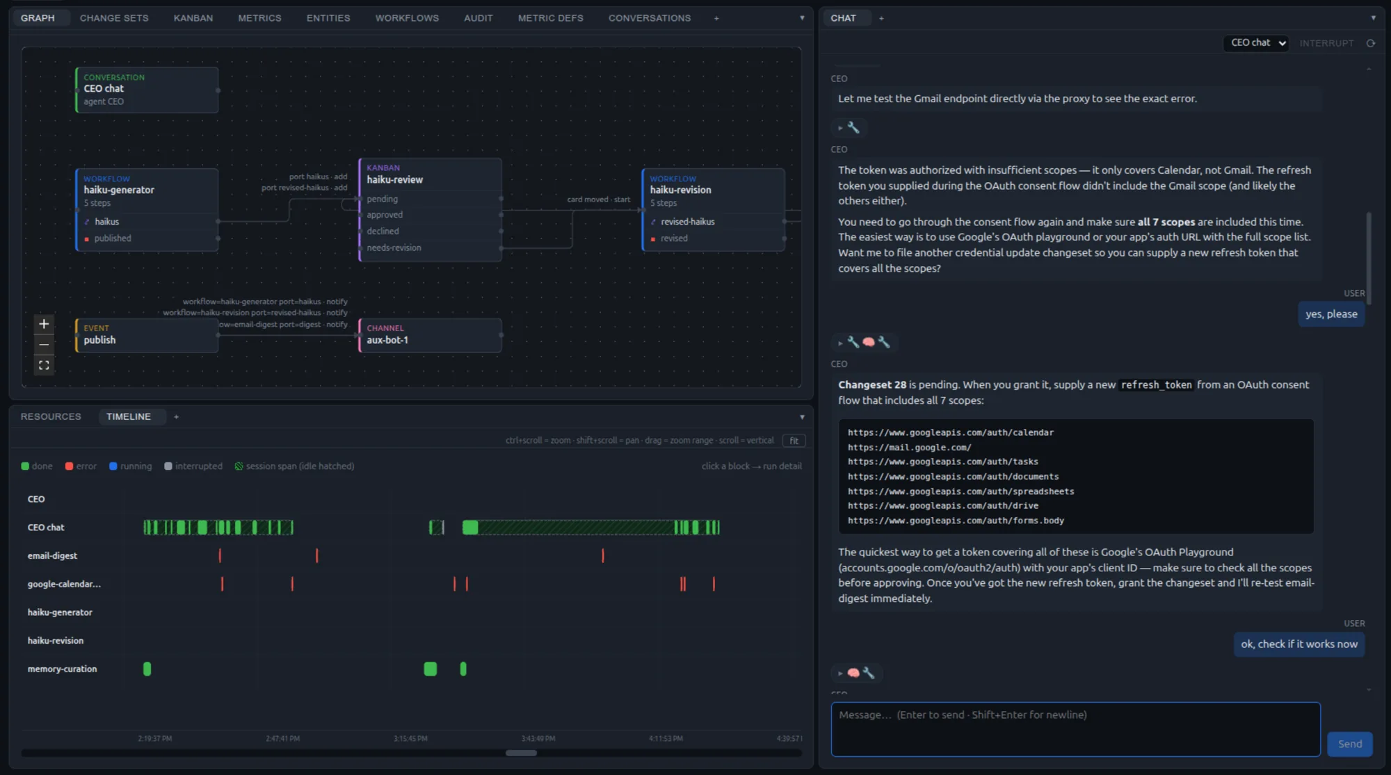 The Hyphen8 dashboard — your teams shown as a graph, a live chat with a team, and an activity timeline
